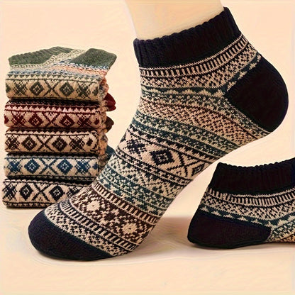 Zaventral 5 Pairs Women's Vintage Wool Blend Crew Socks - Ethnic Pattern Thick Winter Socks
