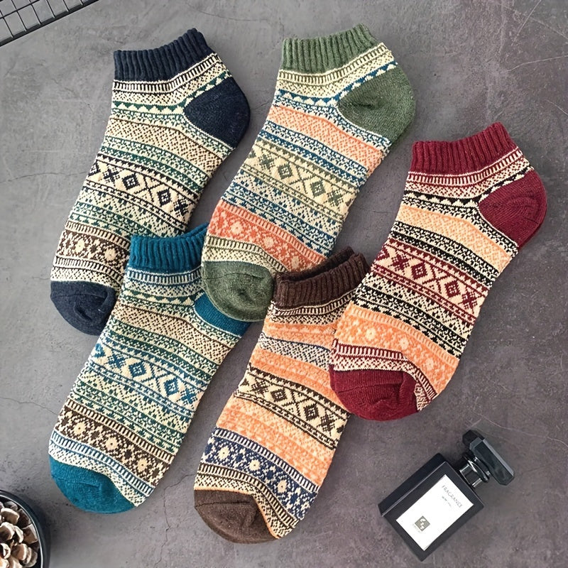Zaventral 5 Pairs Women's Vintage Wool Blend Crew Socks - Ethnic Pattern Thick Winter Socks