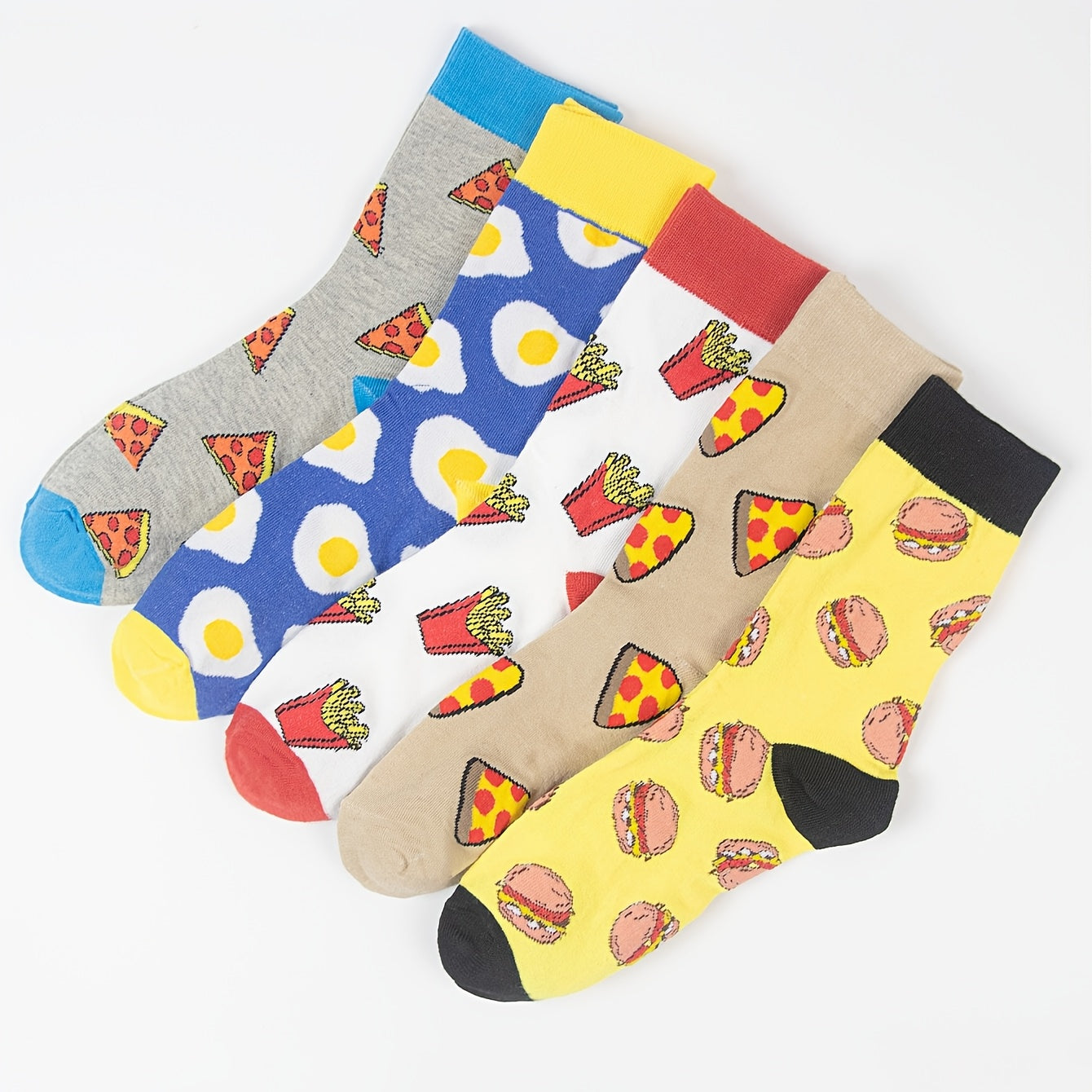 Zaventral 5 Pairs Unisex Fast Food Cartoon Crew Socks - Burger and Fries Print with Polka Dots