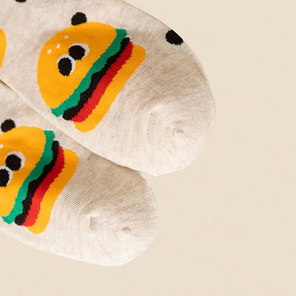 Zaventral 5 Pairs Unisex Fast Food Cartoon Crew Socks - Burger and Fries Print with Polka Dots