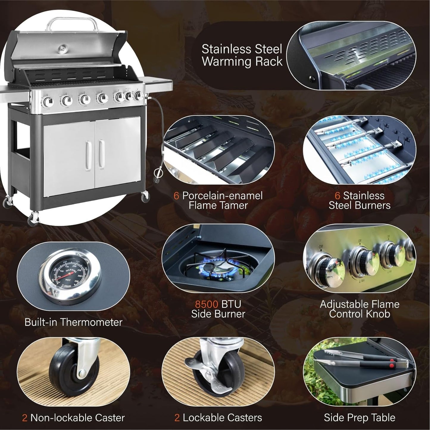 Burner Gas grill with side burner and enameled cast iron grille 42,000BTU outdoor cooking stainless steel propane grill Garden grill, silver