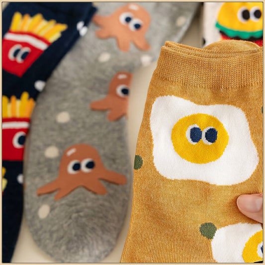 Zaventral 5 Pairs Unisex Fast Food Cartoon Crew Socks - Burger and Fries Print with Polka Dots