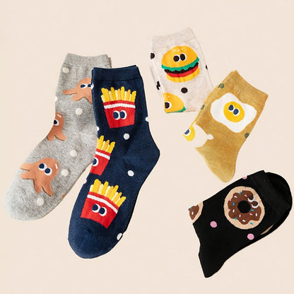 Zaventral 5 Pairs Unisex Fast Food Cartoon Crew Socks - Burger and Fries Print with Polka Dots