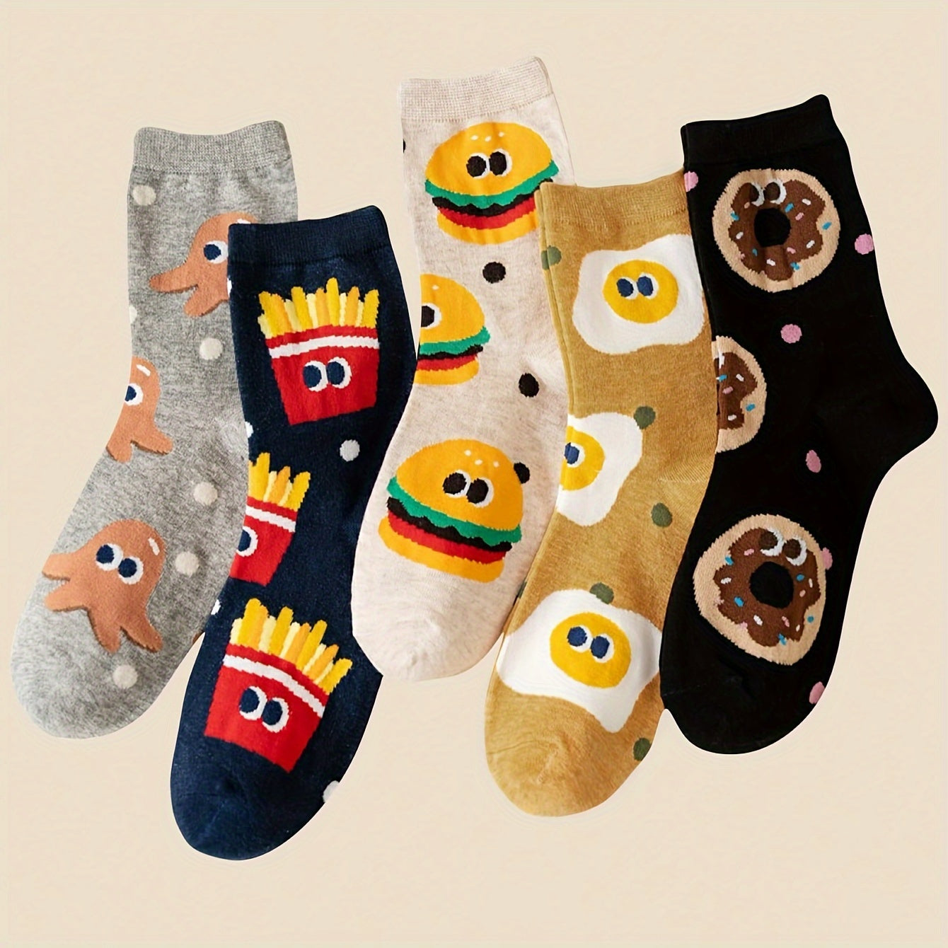 Zaventral 5 Pairs Unisex Fast Food Cartoon Crew Socks - Burger and Fries Print with Polka Dots