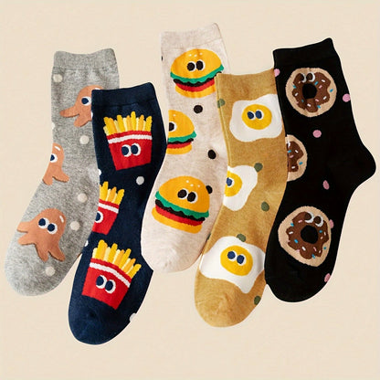 Zaventral 5 Pairs Unisex Fast Food Cartoon Crew Socks - Burger and Fries Print with Polka Dots